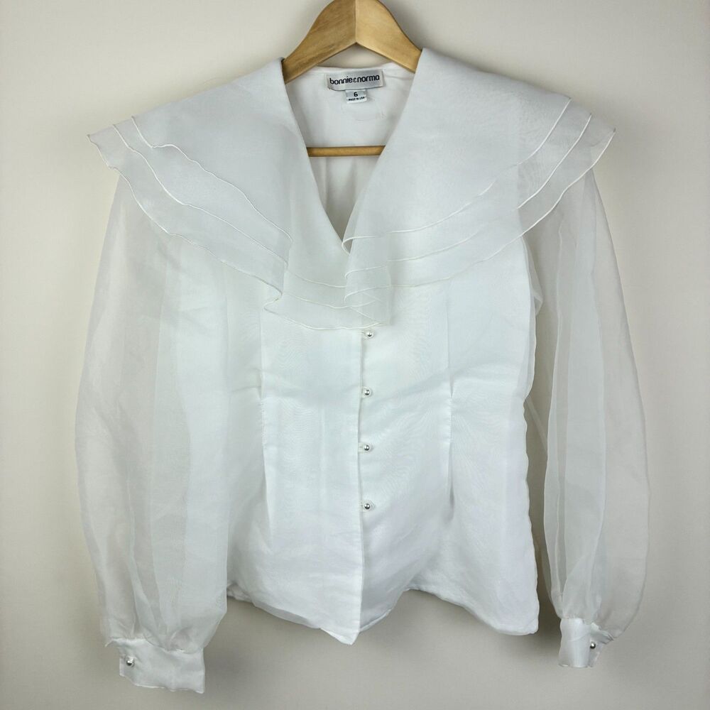 Vintage 90s Bonnie & Norma Sheer White Organza Blouse with Ruffled Collar Size 6